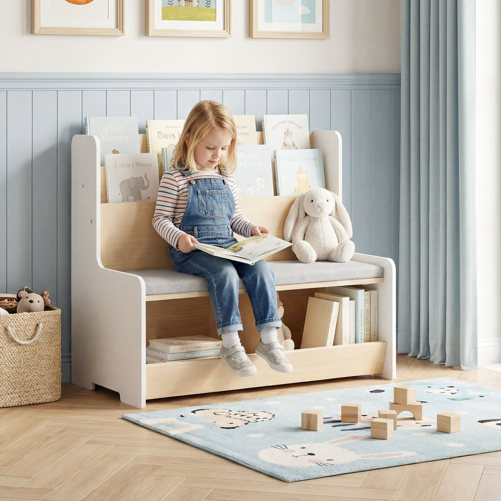 Light-wood kids reading nook bench with gray seat and open lower storage cubbies