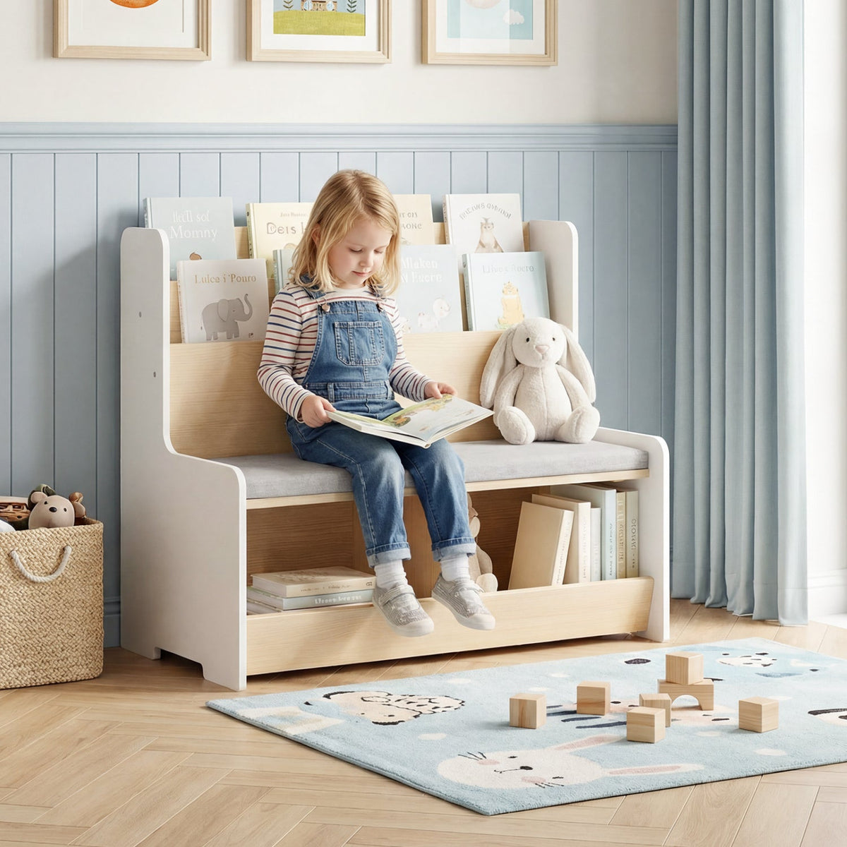 Light-wood kids reading nook bench with gray seat and open lower storage cubbies