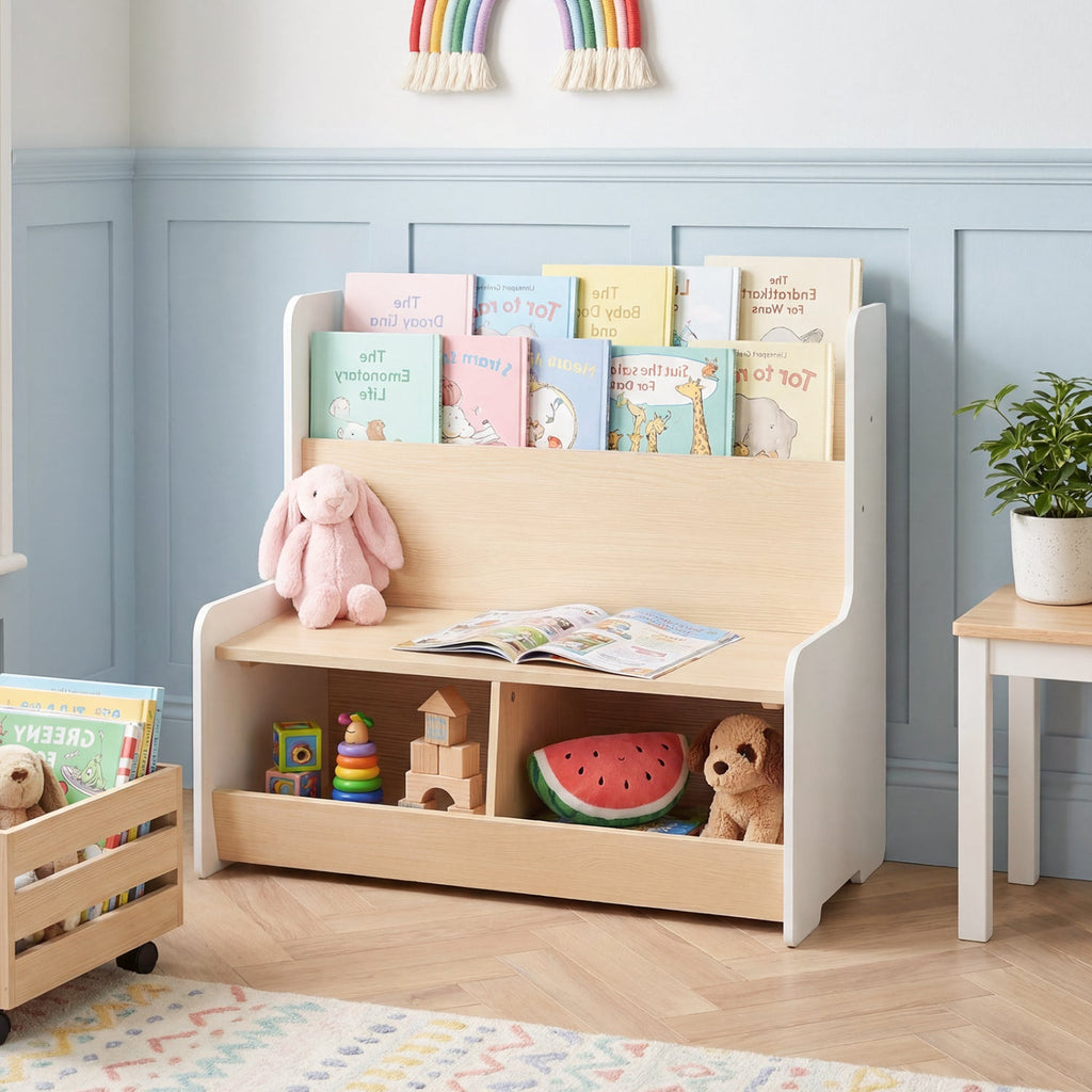 Light-wood kids reading nook with gray seat, open bookshelf, and front cubby storage