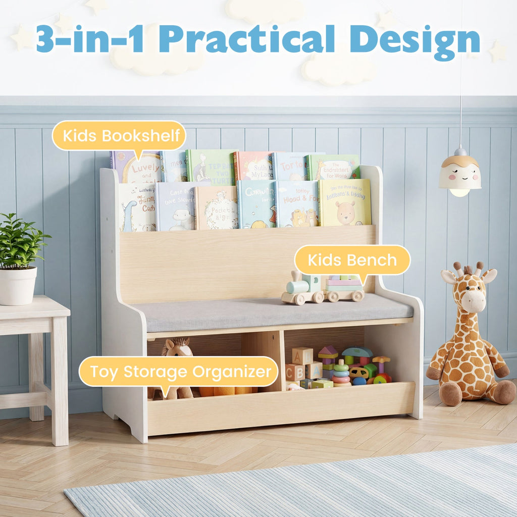 Kids reading nook 3-in-1 with gray bench seat, book shelf, and toy storage base