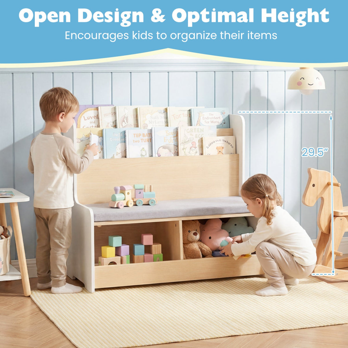 Kids reading nook with open bookshelf, gray bench seat, and cubby storage