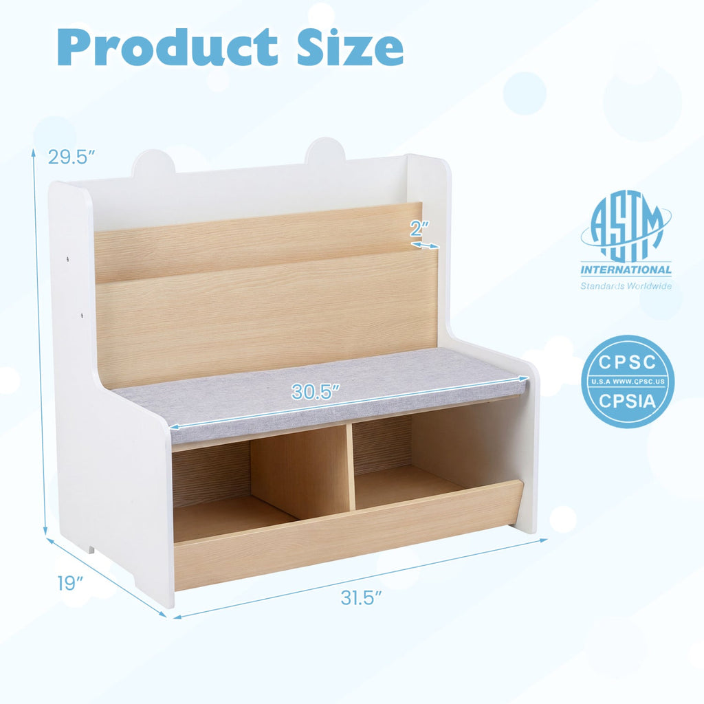 White kids reading nook with gray bench seat and two open storage compartments
