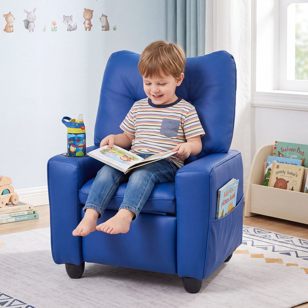 Kids blue recliner chair with cup holder and adjustable backrest, kid reading