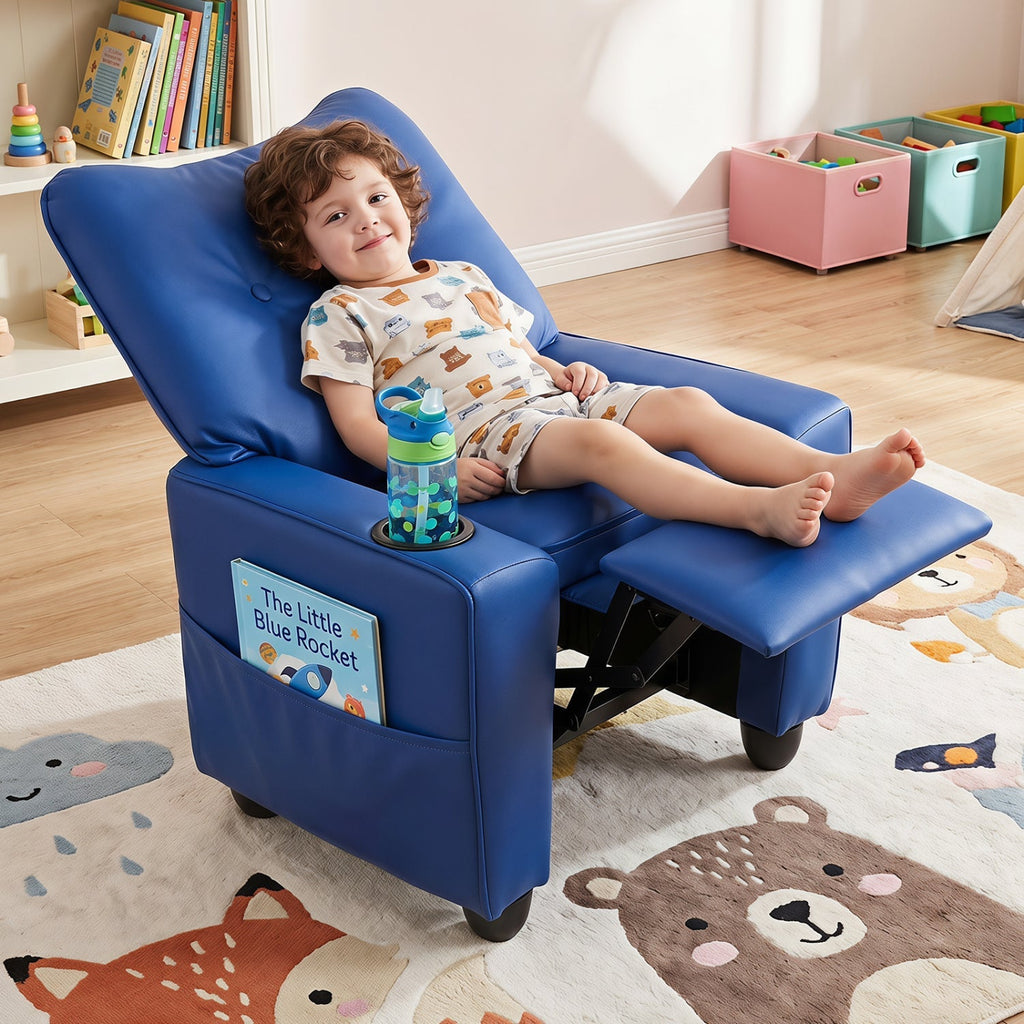 Kids blue recliner chair with cup holder and reclining backrest, kid lounging