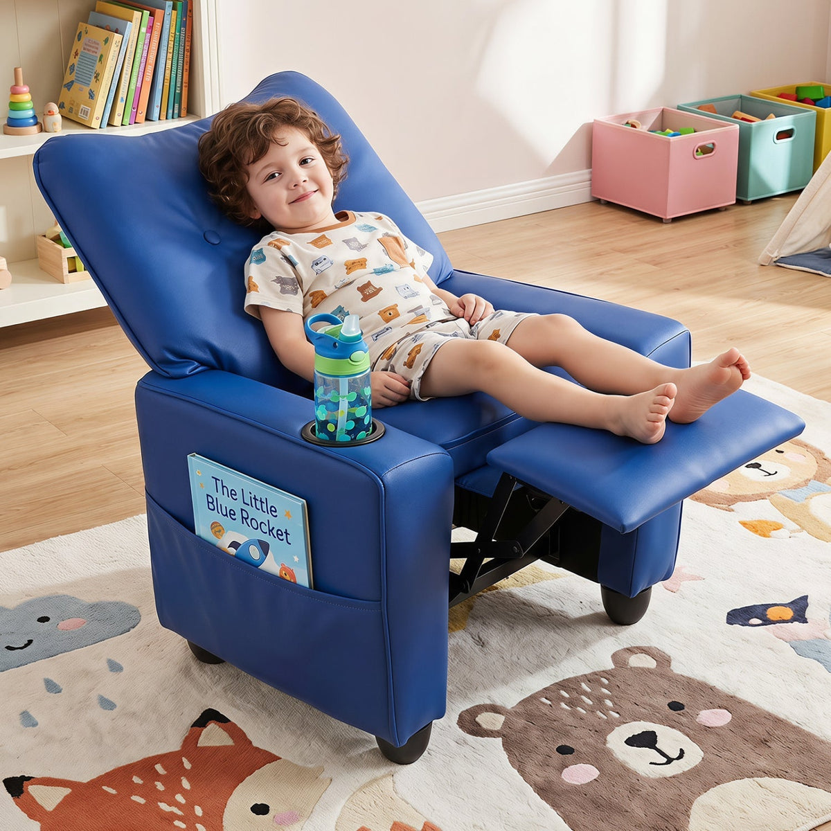 Kids blue recliner chair with cup holder and reclining backrest, kid lounging