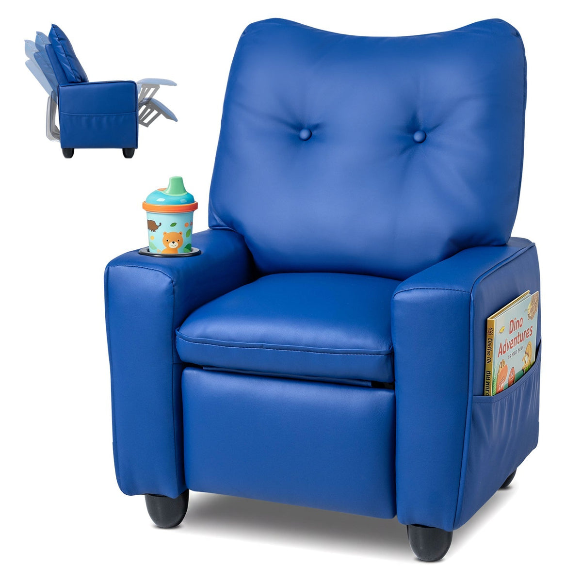 Blue kids recliner chair with tufted back, padded arms, and side cup holder pocket