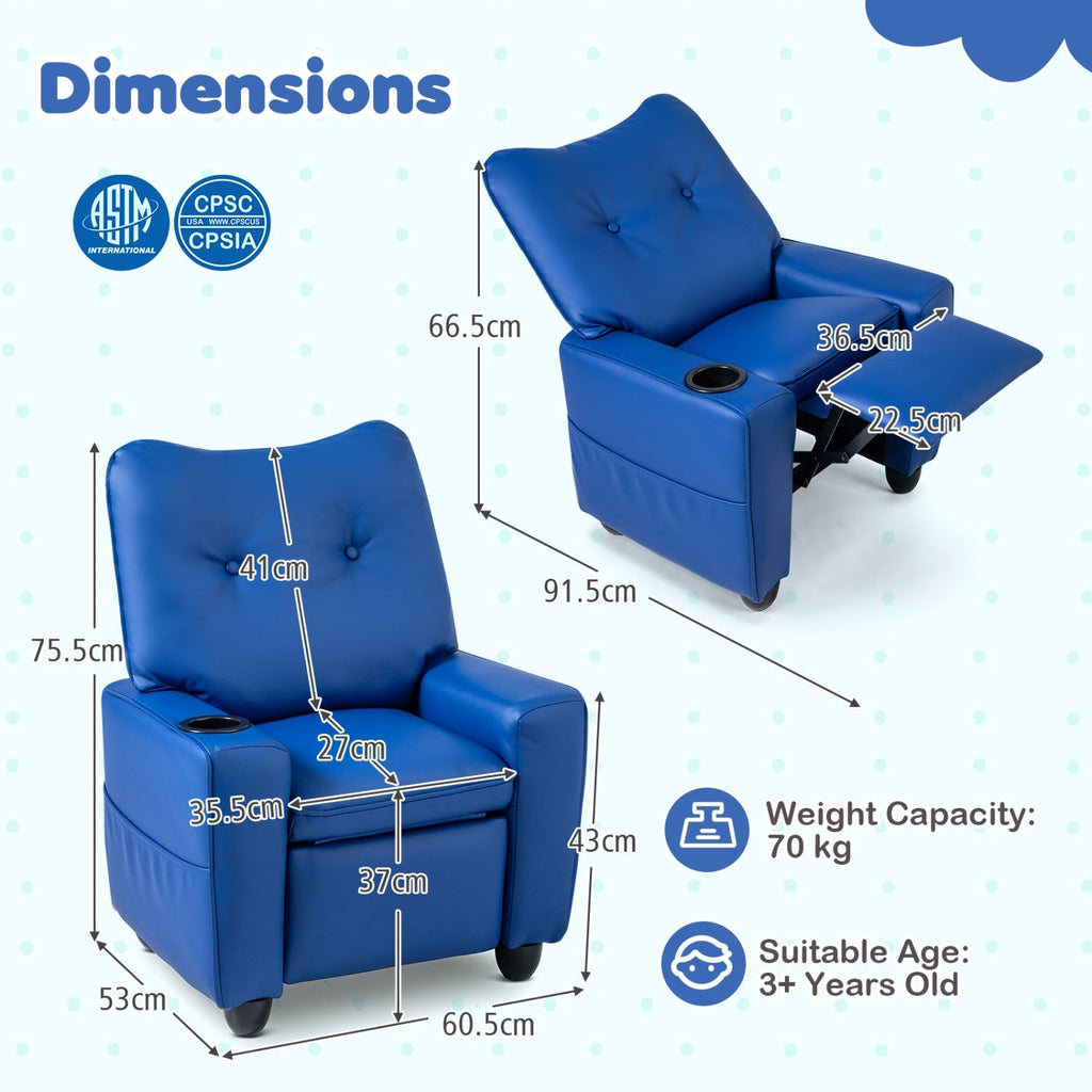 Blue kids recliner with adjustable backrest and footrest, side cup holder opening