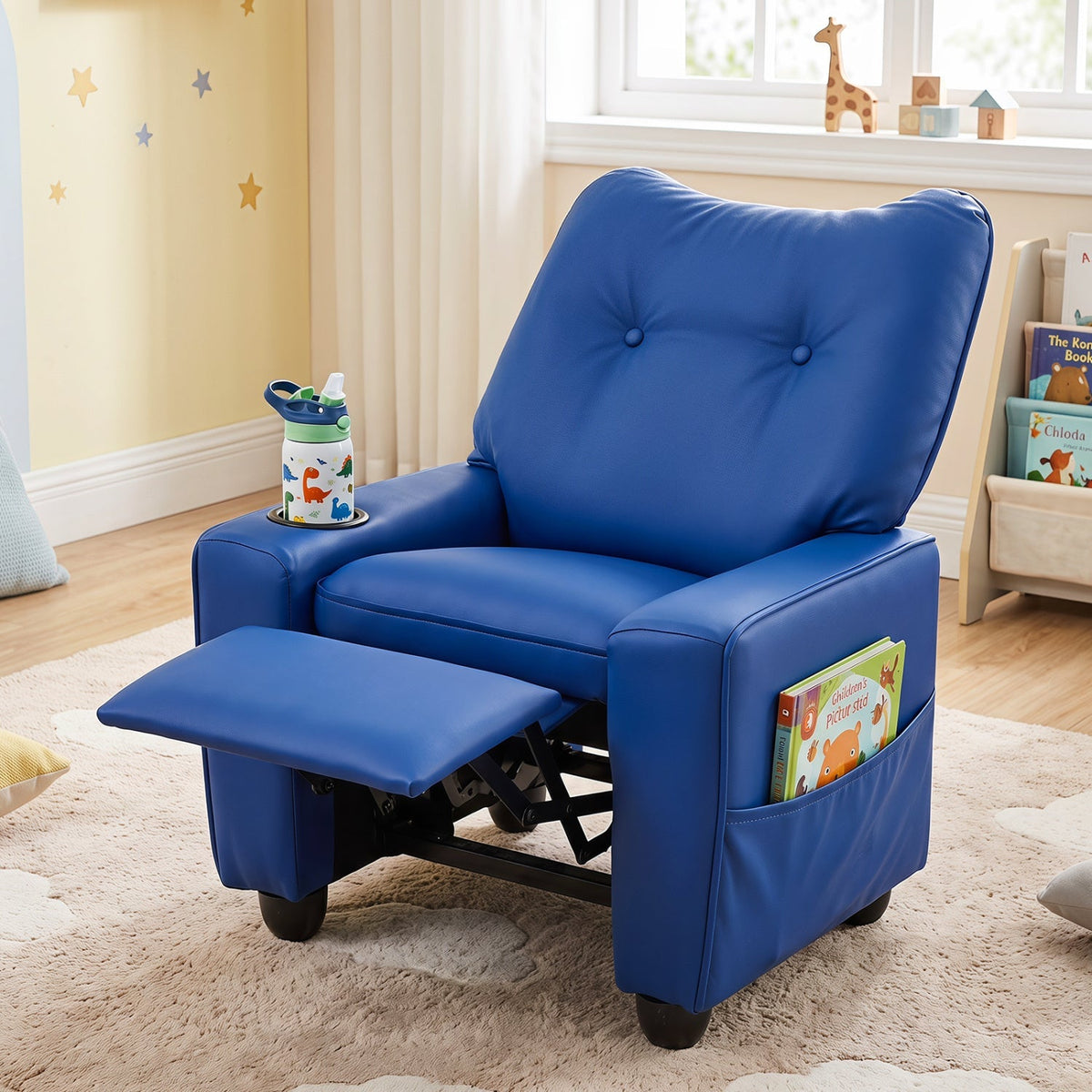 Blue kids recliner chair with extended footrest, side cup holder, and book storage pocket