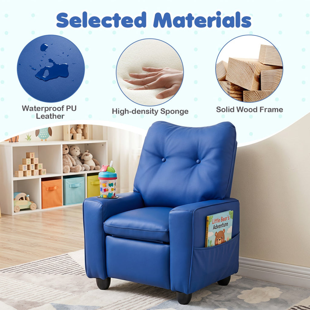 Blue kids recliner chair with tufted backrest and side storage pocket