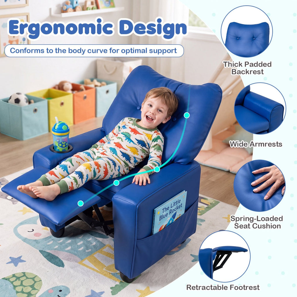 Blue kids recliner chair with wide armrests, spring-loaded seat cushion, and footrest