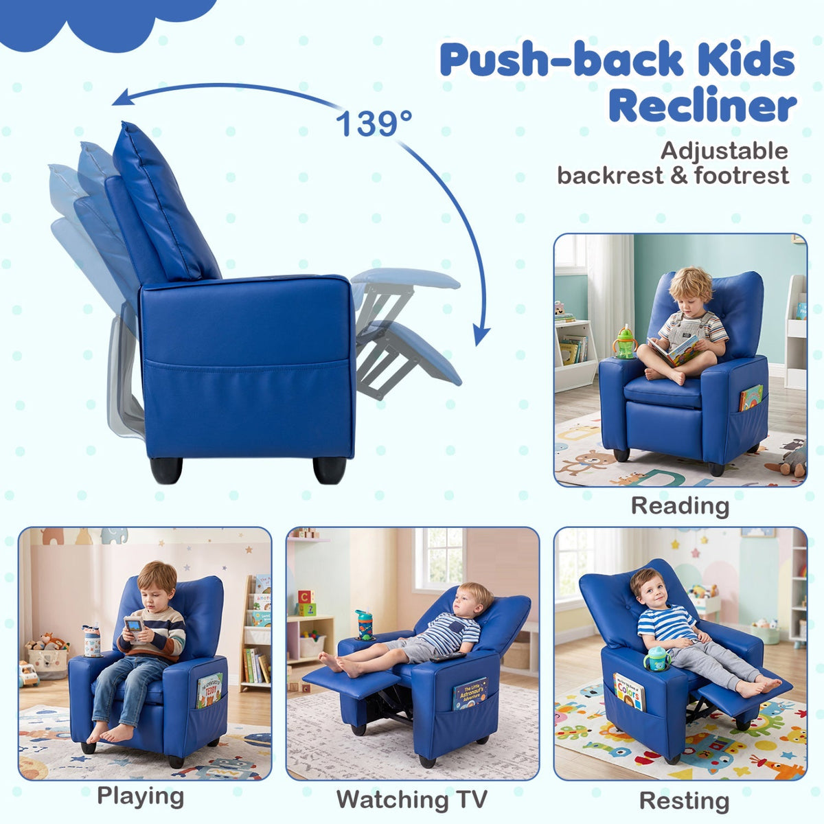 Blue push-back kids recliner with adjustable backrest and footrest in different positions