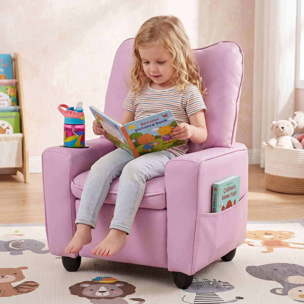 Kids pink recliner chair with cup holder, adjustable backrest, padded armrests