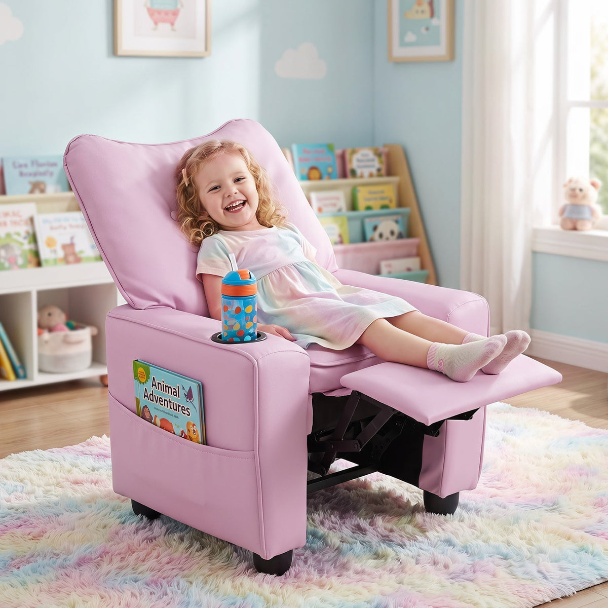 Kids pink recliner chair with cup holder and wide armrests, kid relaxing on reclined seat