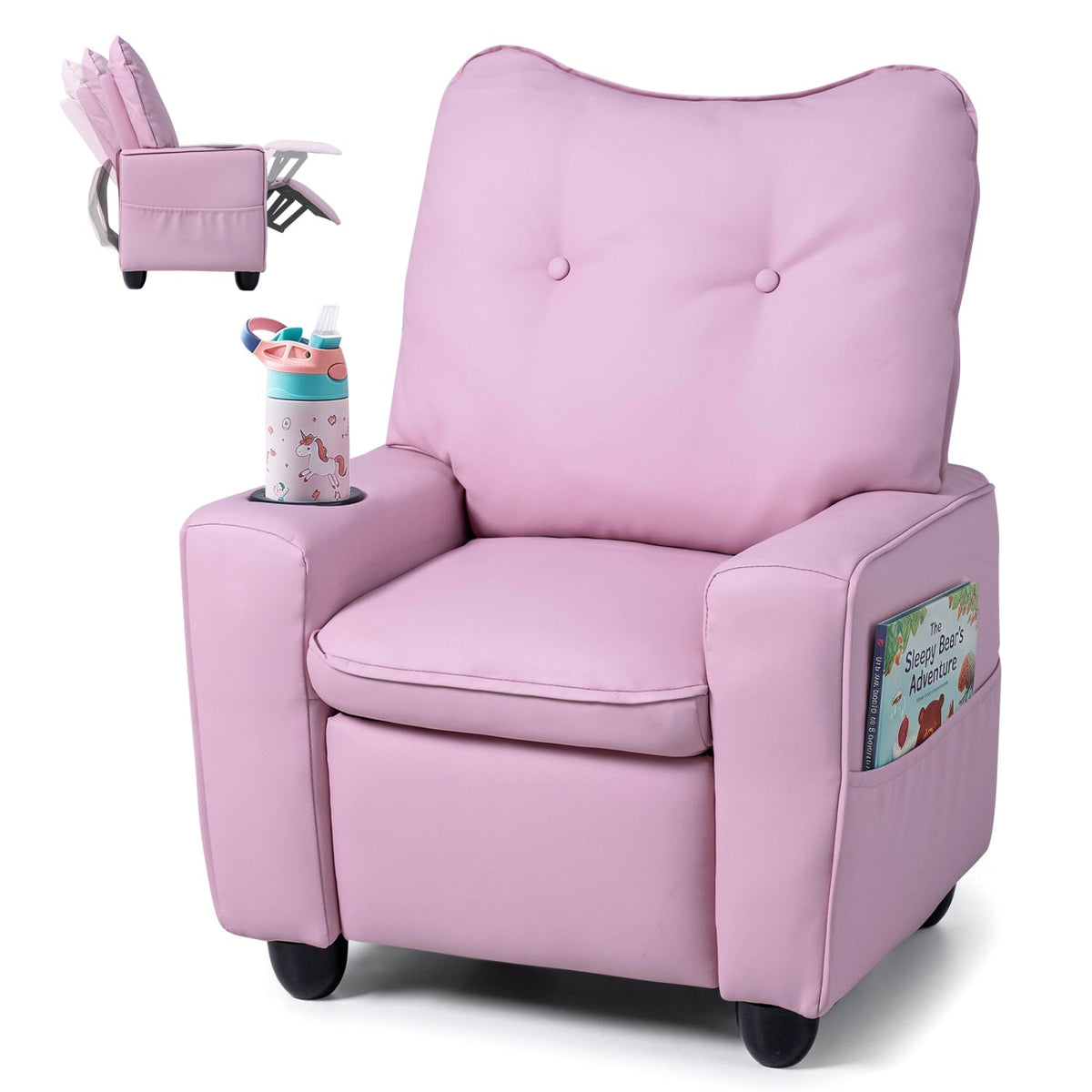 Kids pink recliner chair with tall padded backrest and side cup holder