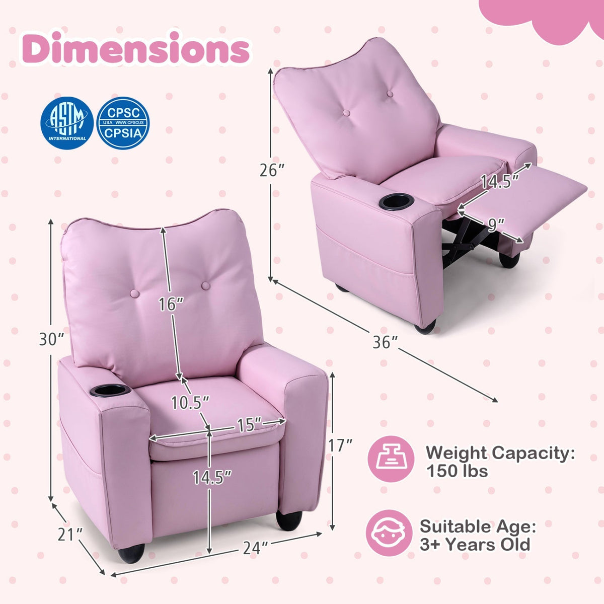 Kids pink recliner chair with adjustable backrest and fold-out footrest