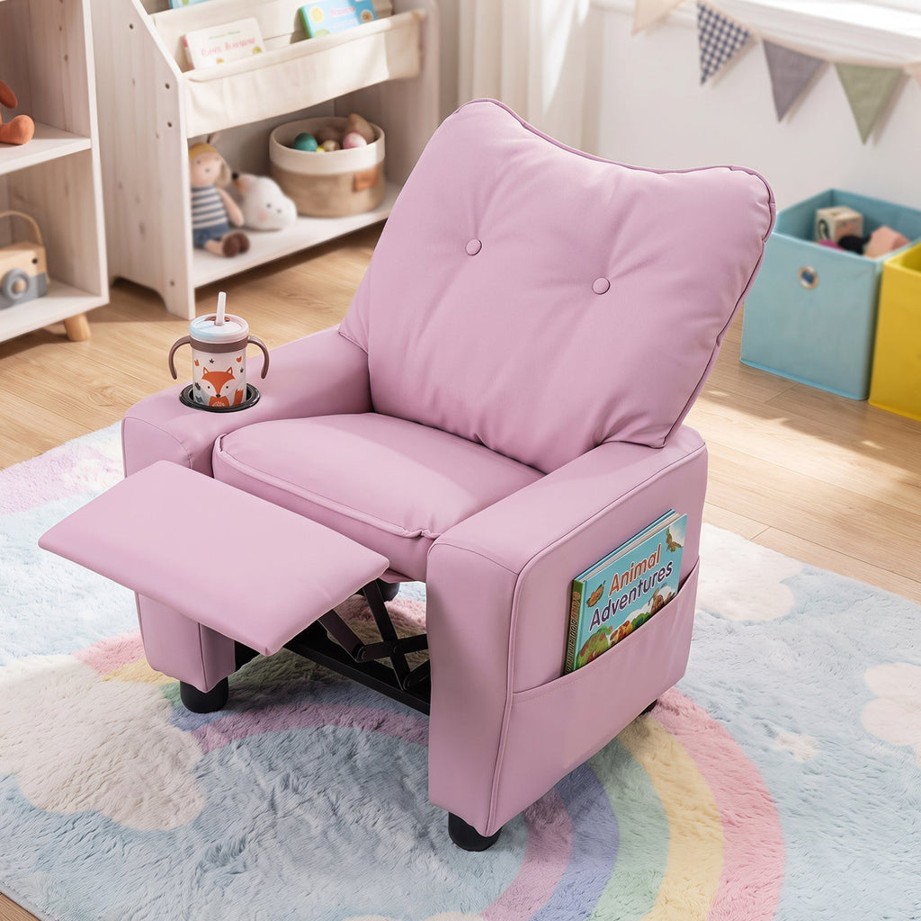 Kids pink recliner chair with cup holder and footrest, kid lounging while reading