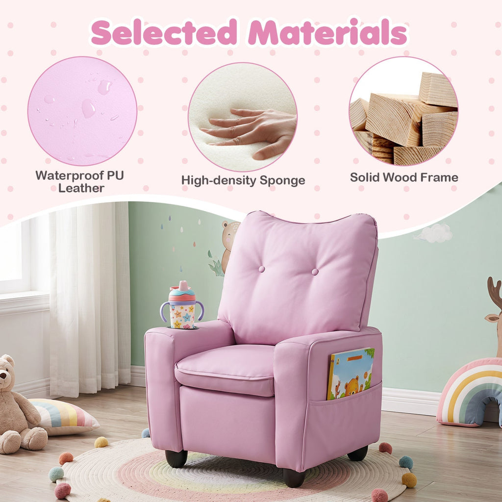 Kids pink recliner chair with thick padded backrest and side book pocket