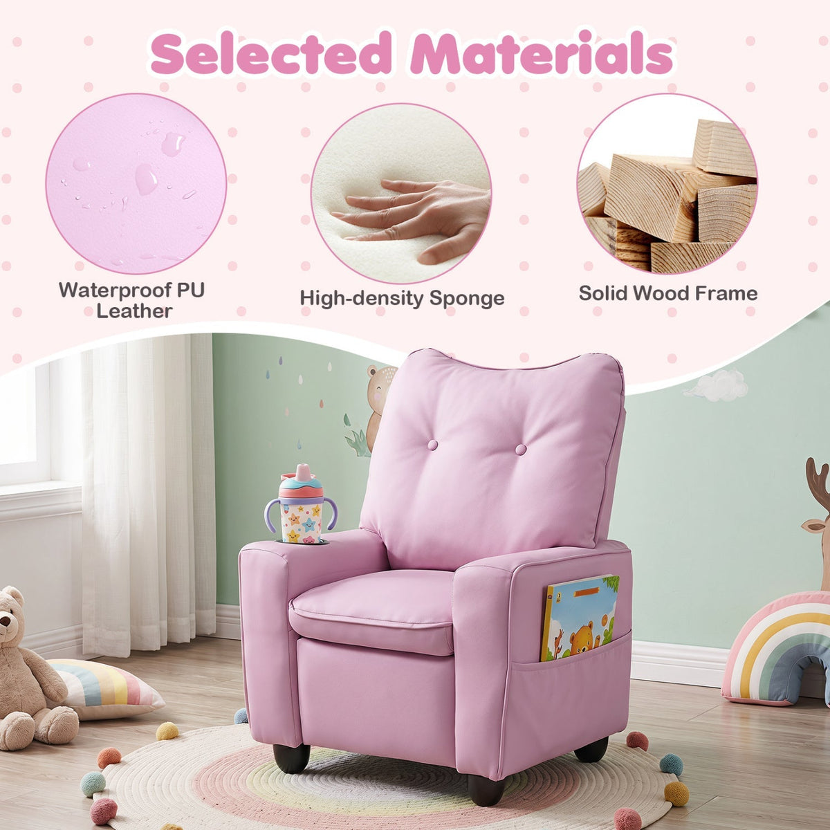 Kids pink recliner chair with thick padded backrest and side book pocket