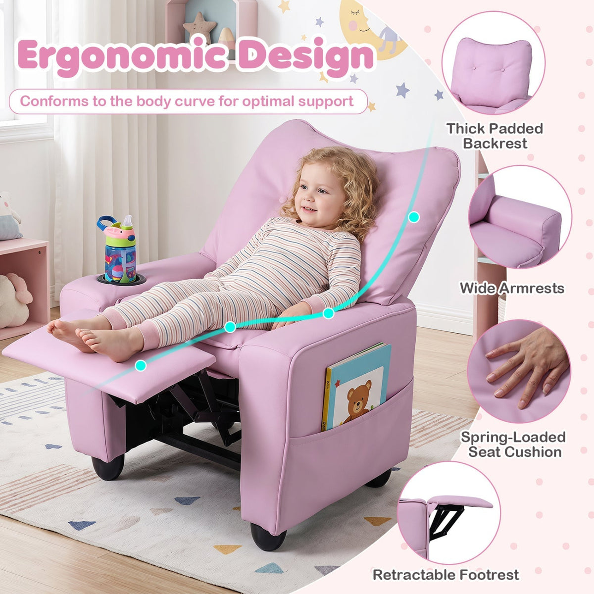 Kids pink recliner chair with thick padded backrest, wide armrests, spring seat cushion