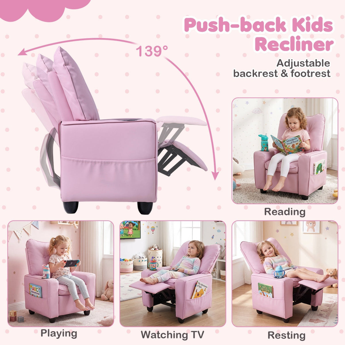 Kids pink recliner chair with push-back recline and adjustable backrest plus footrest