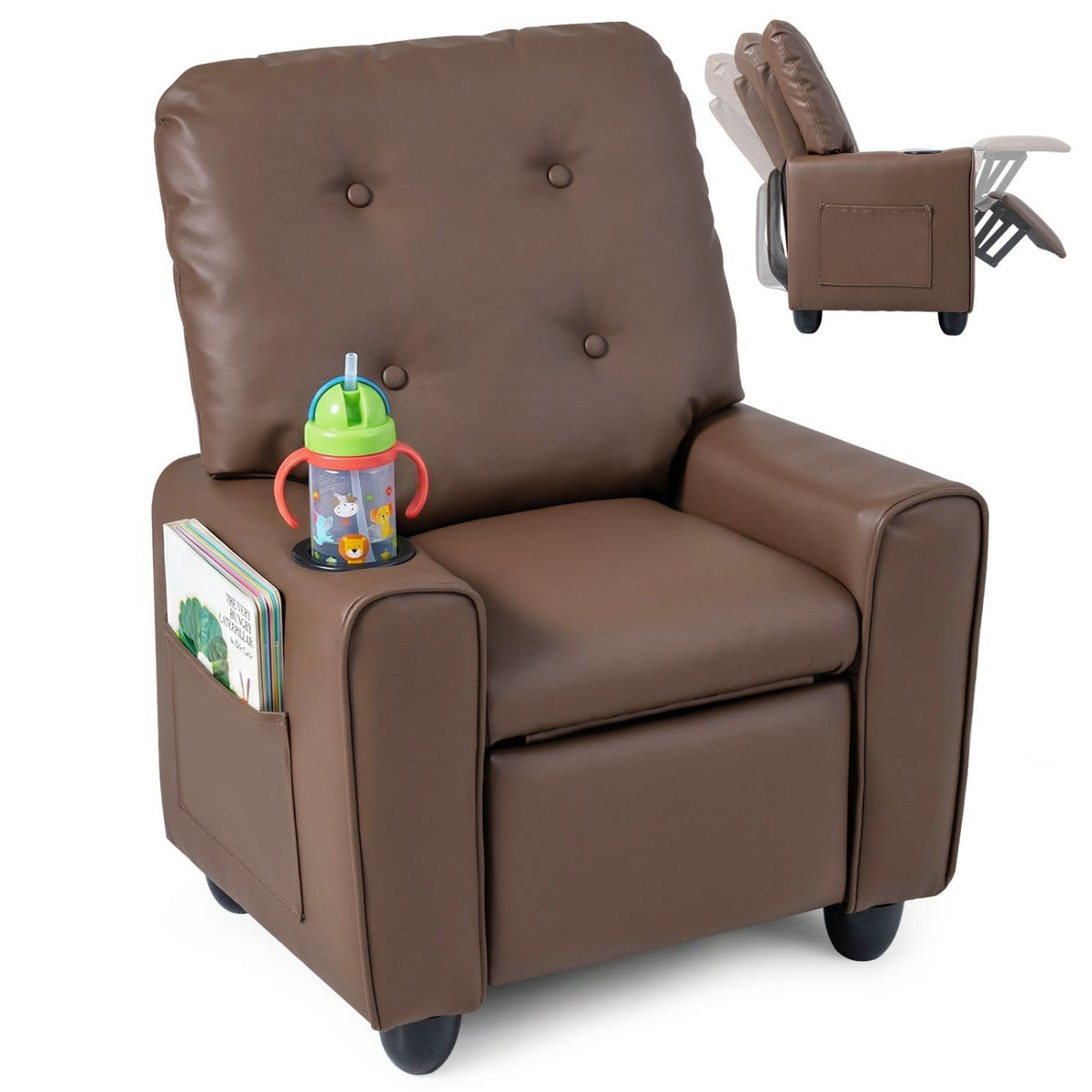 Kids recliner chair with dark brown padded back and armrests, built-in cup holder
