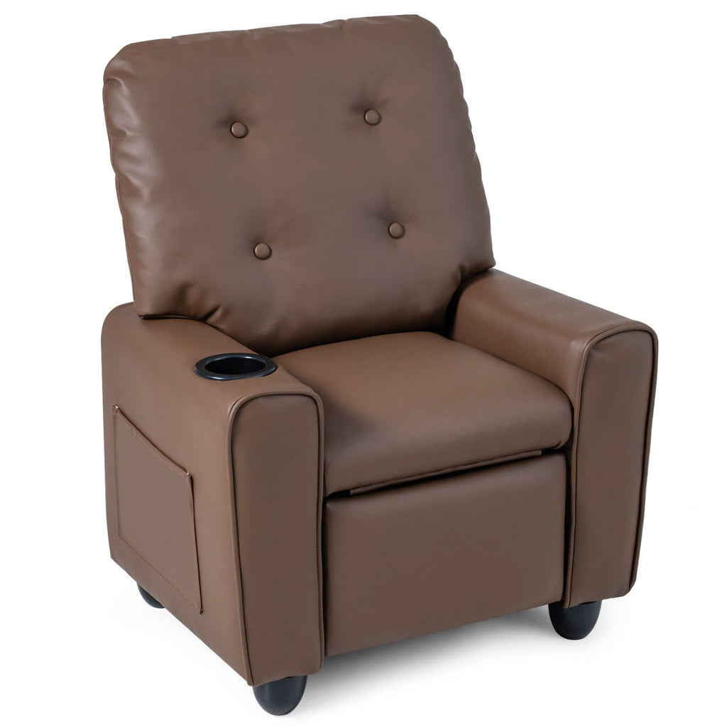 Kids recliner chair in dark brown with pull-out footrest and side cup holder
