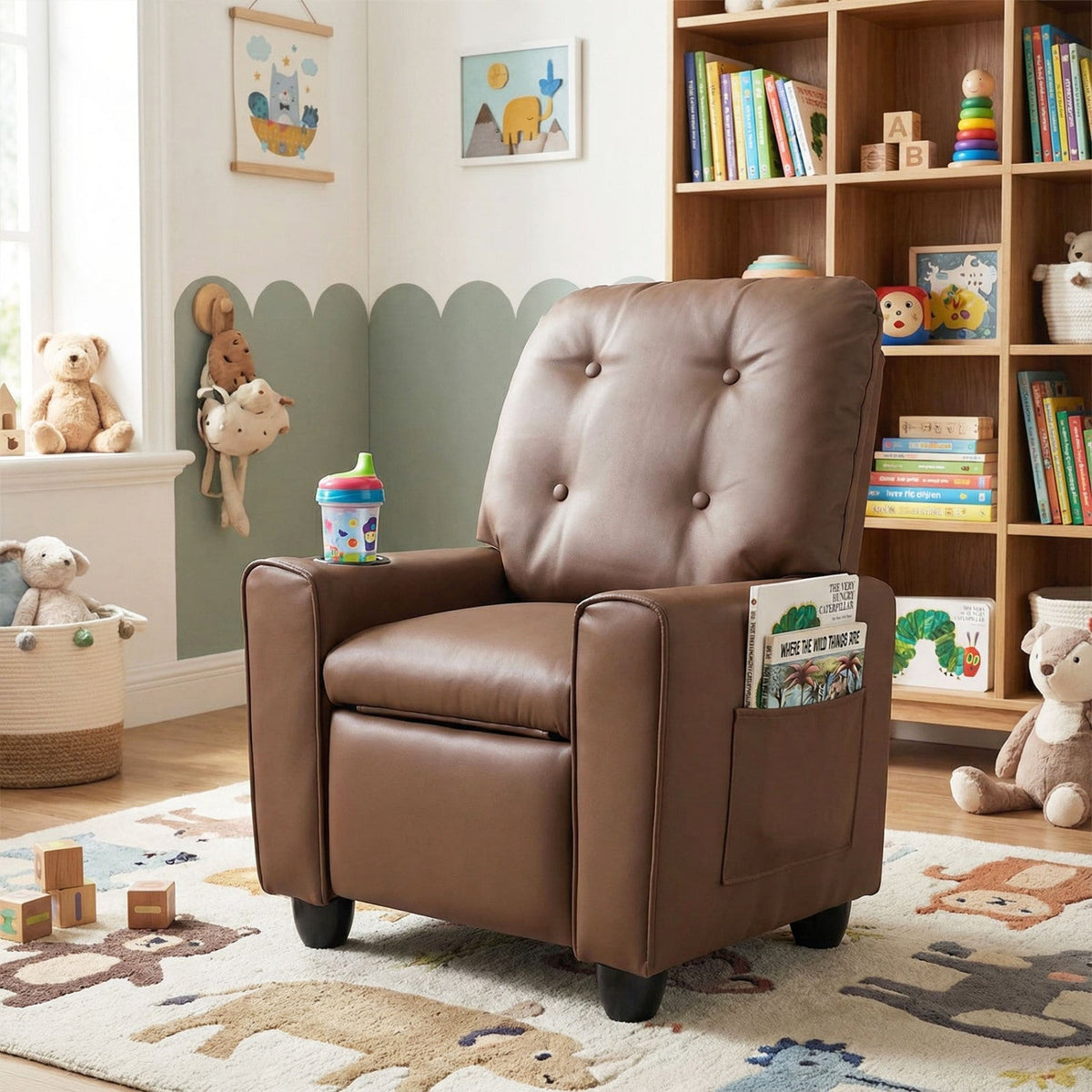 Kids recliner chair with tufted back and dark brown cushioned seat, side panels