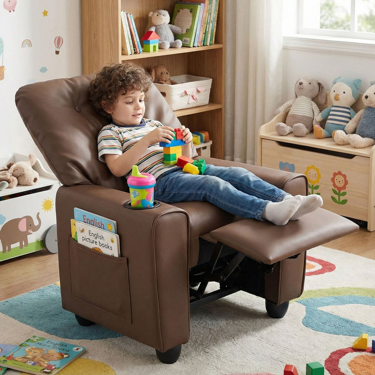 Kids recliner chair in dark brown with padded arms and adjustable backrest