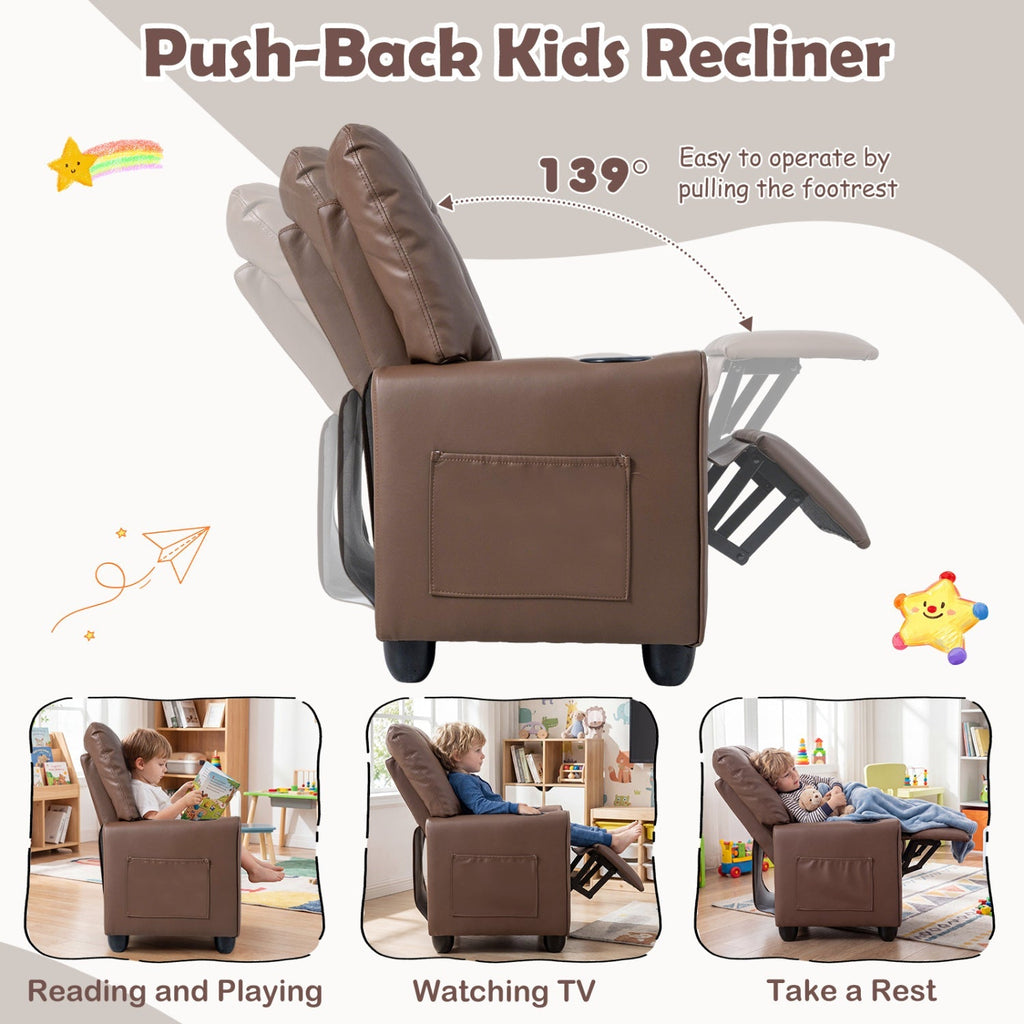 Kids push-back recliner chair in dark brown, footrest pulls forward from front
