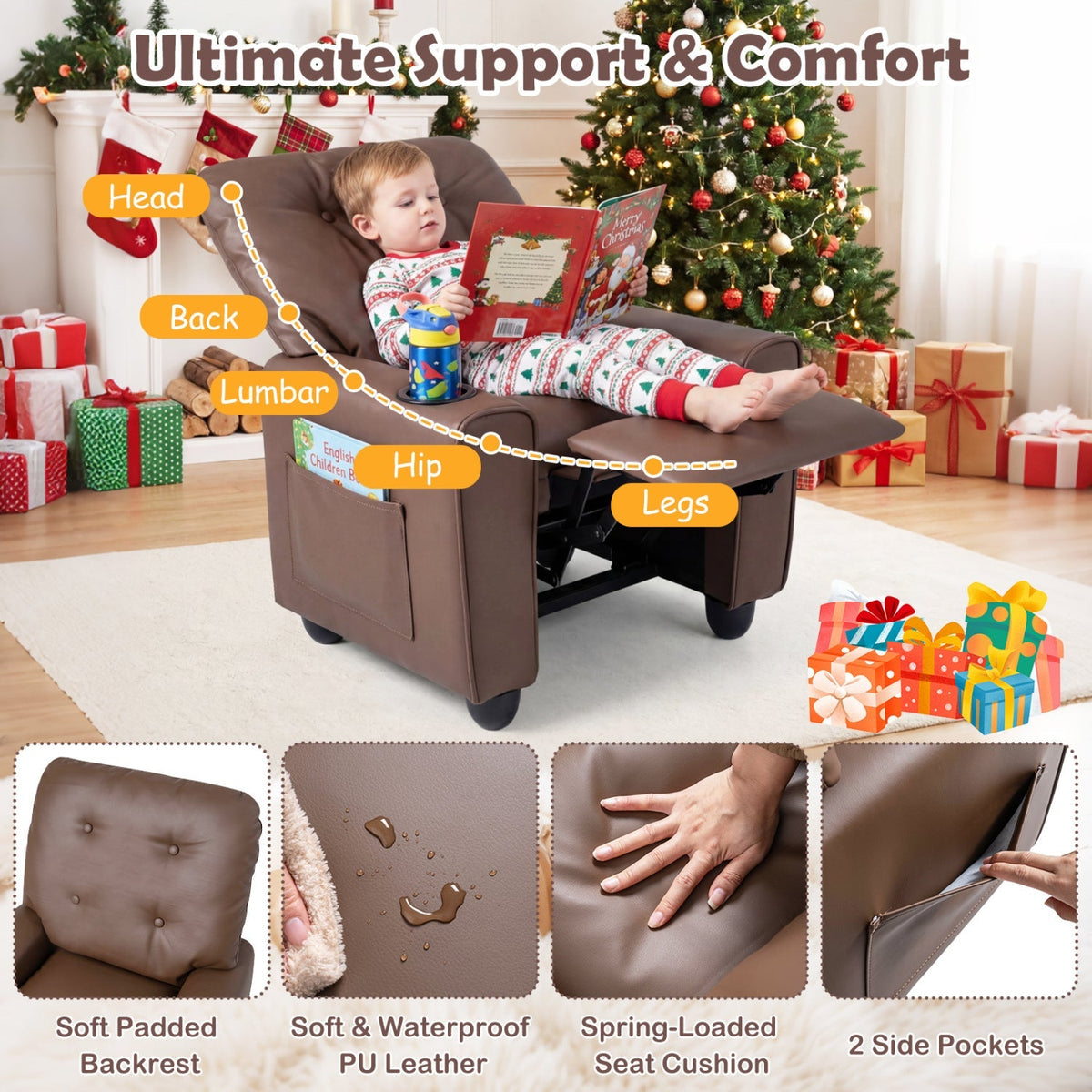 Kids recliner chair with padded head, back, and seat support plus anti-slip feet