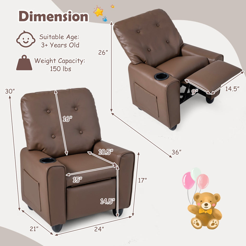 Kids recliner chair in dark brown with adjustable back and footrest, dimensions view