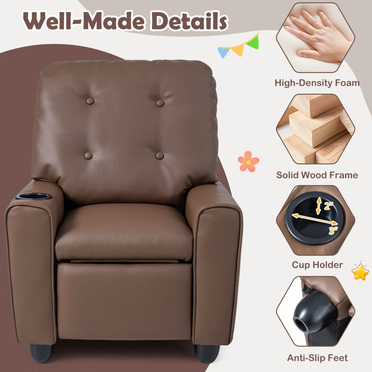 Kids recliner chair in dark brown with cup holder and anti-slip feet detail