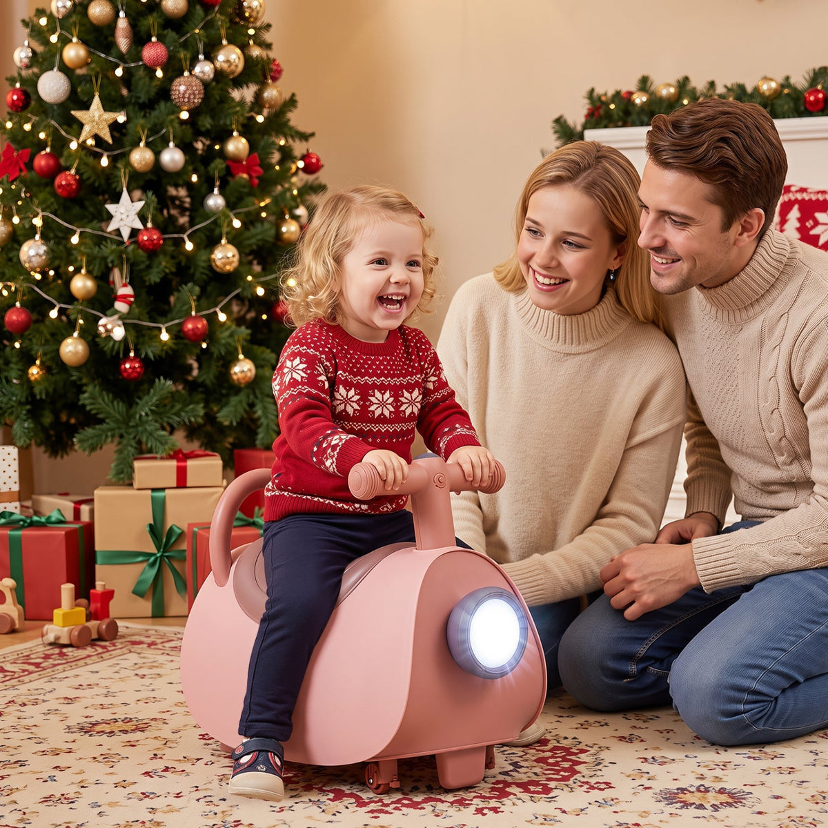 Pink push ride-on car with glowing headlight and curved side handle, child riding