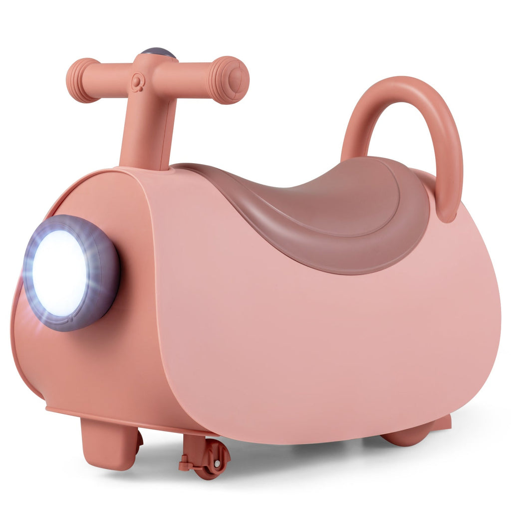 Pink ride-on push car with glowing front headlight and dual hand grips