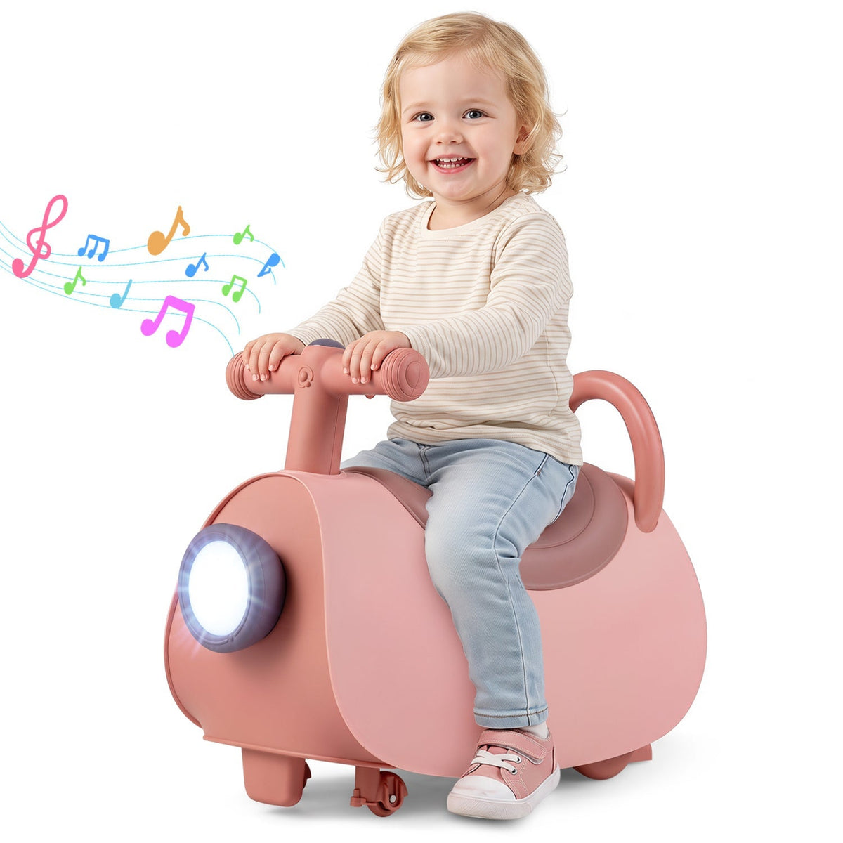 Pink ride-on push car with glowing headlight, child sitting holding the handle