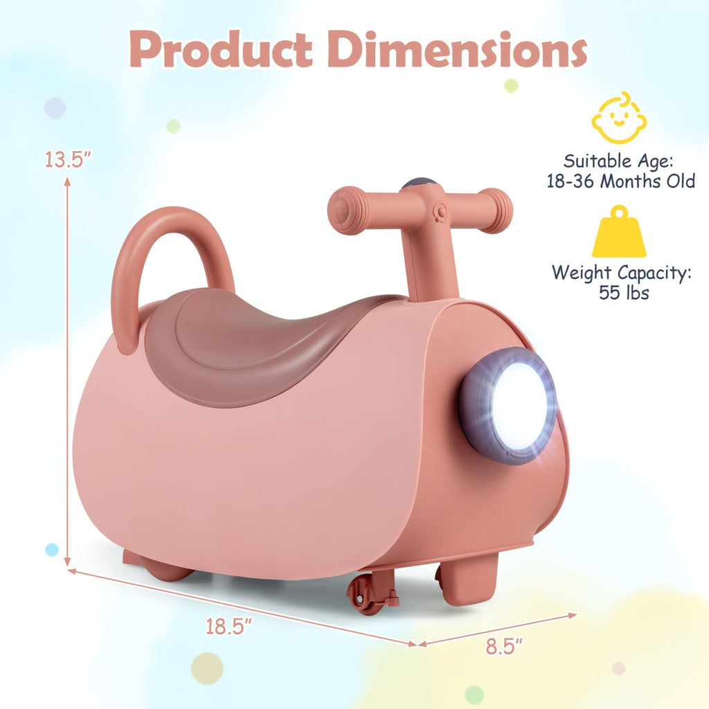Pink ride-on push car with glowing headlight and curved seat, product dimensions view