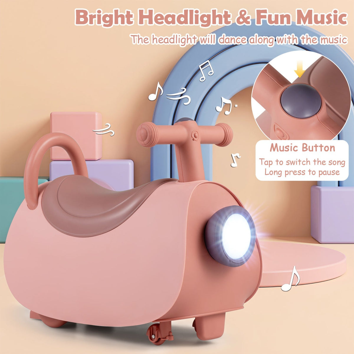 Pink ride-on push car with glowing headlight and music button on front panel
