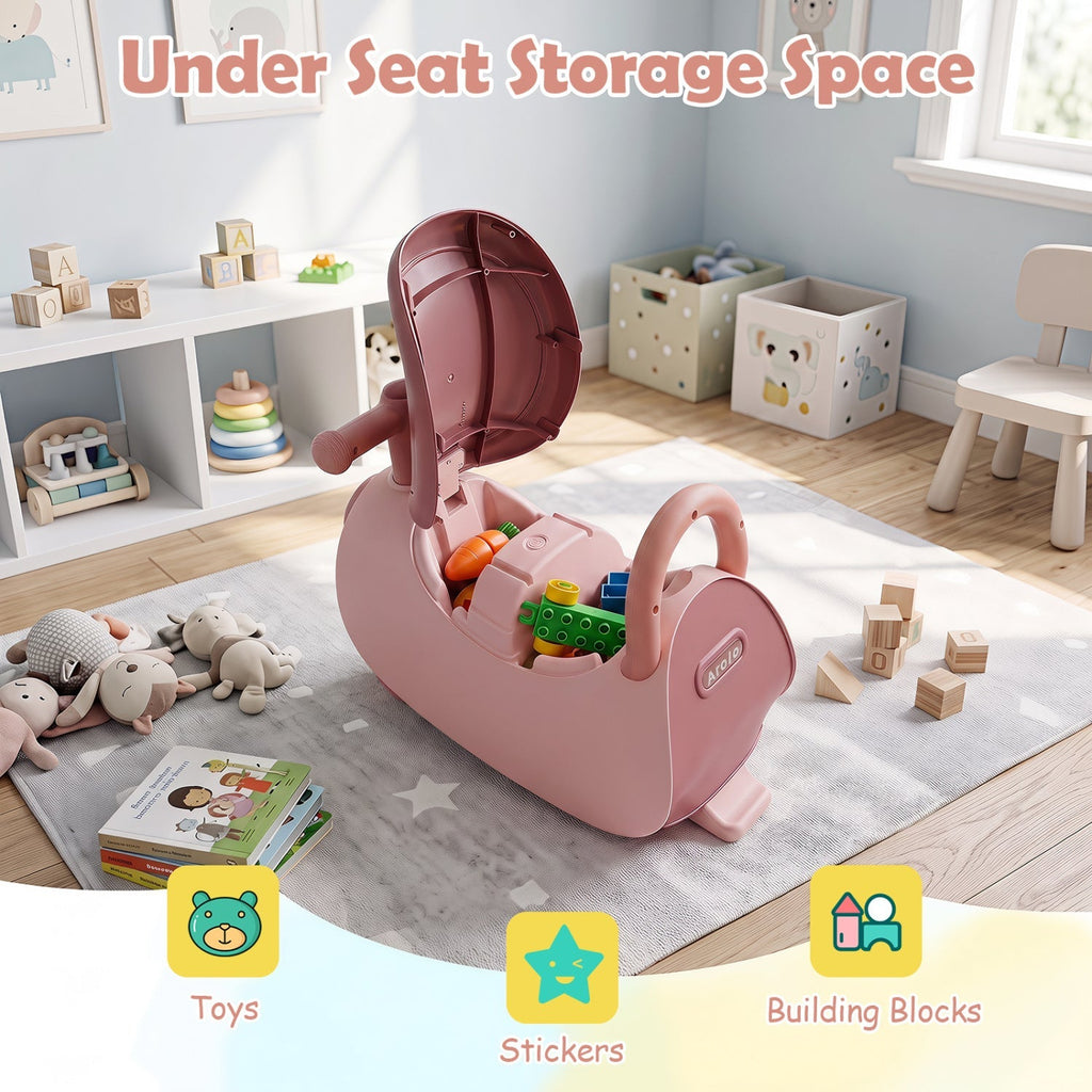Pink ride-on push car with under-seat storage compartment open