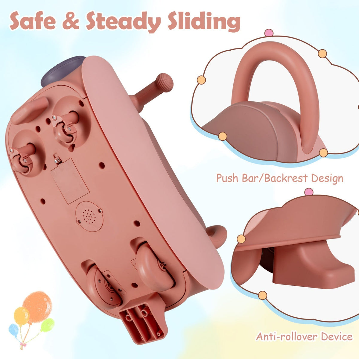 Pink ride-on push car underside view with anti-slip wheels