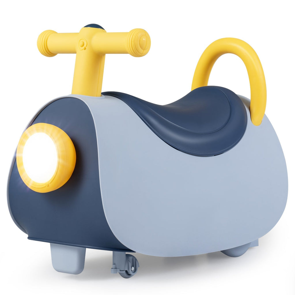 Kids push car with music and under-seat storage, blue body, yellow handle and light