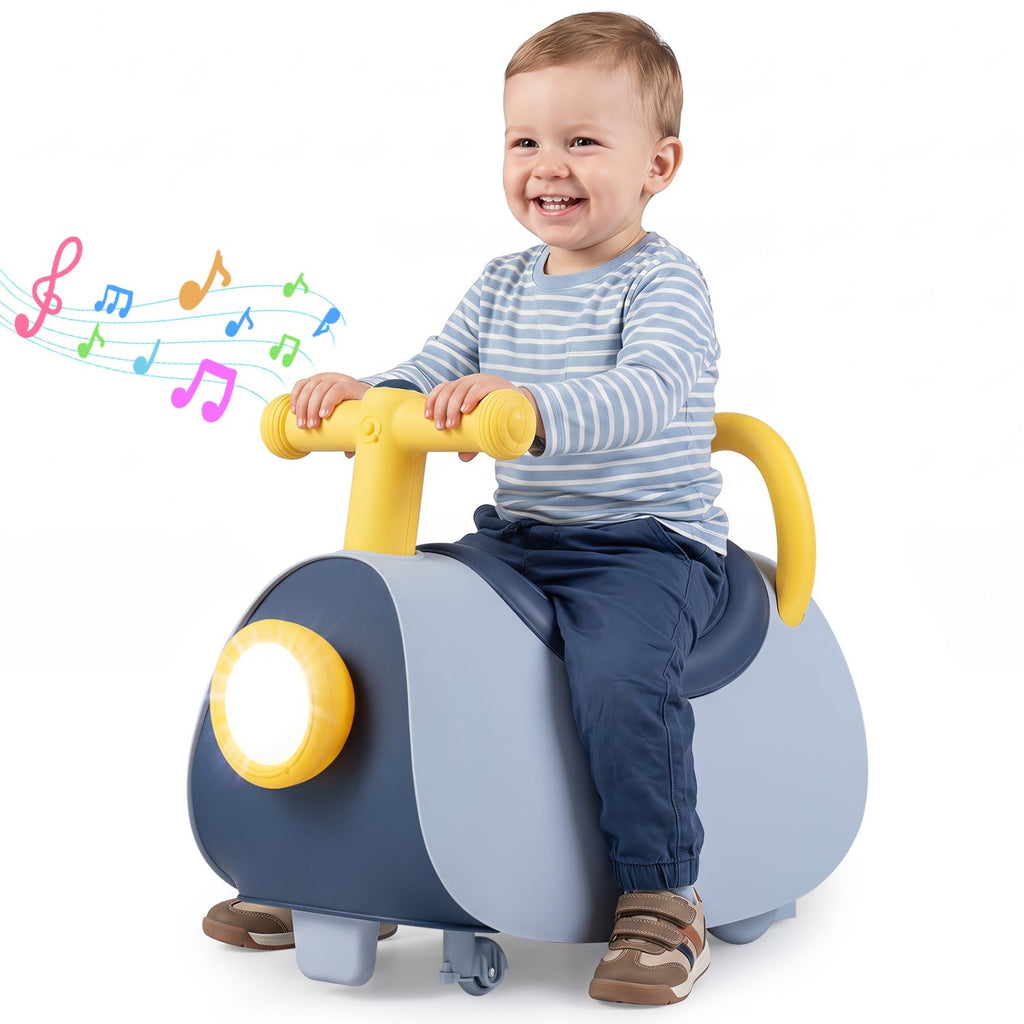 Blue kids push car with glowing headlight and yellow handle and safety rail