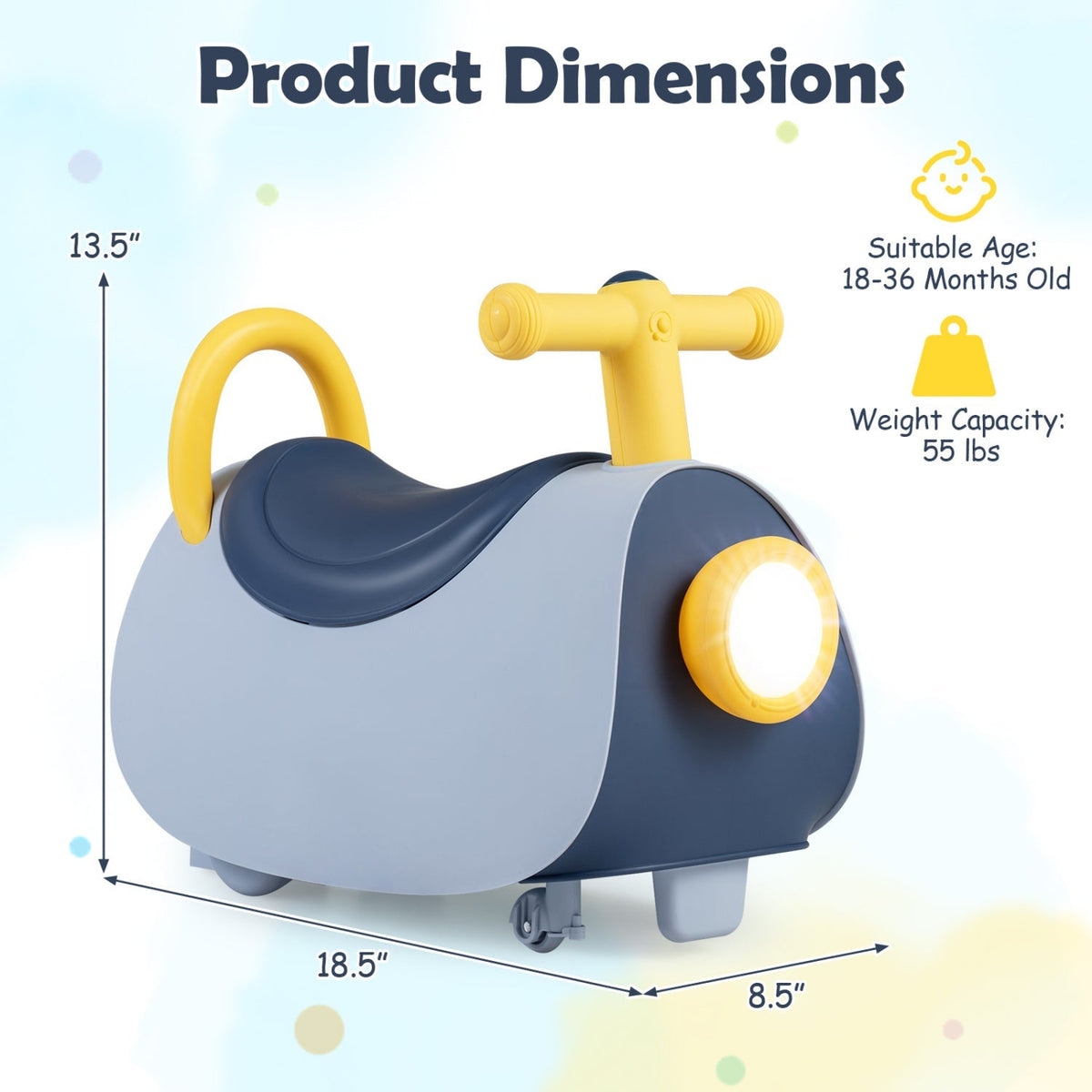 Kids push car with glowing headlight, yellow handle, and blue body with wheels