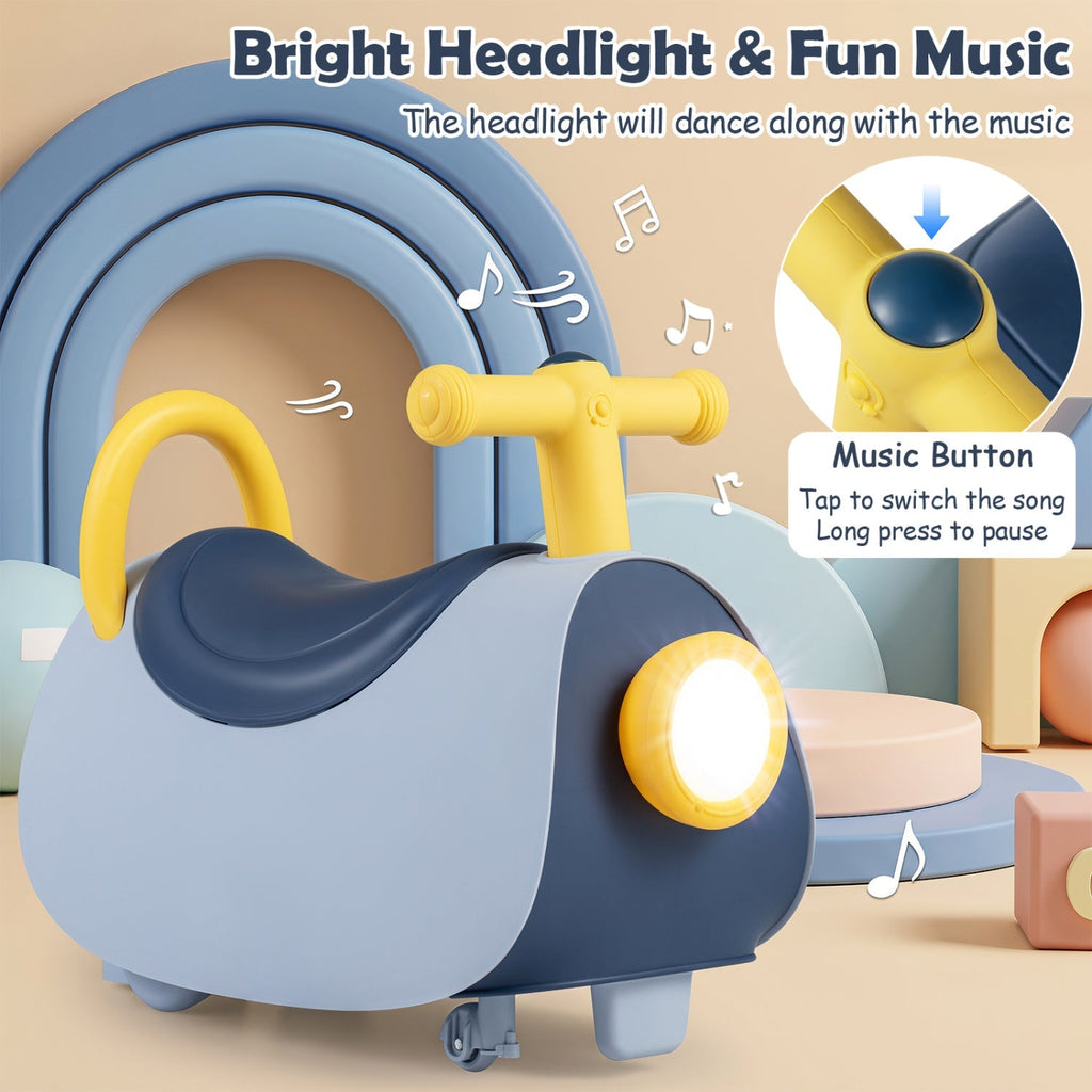 Blue push car with glowing headlight and yellow music button on the side