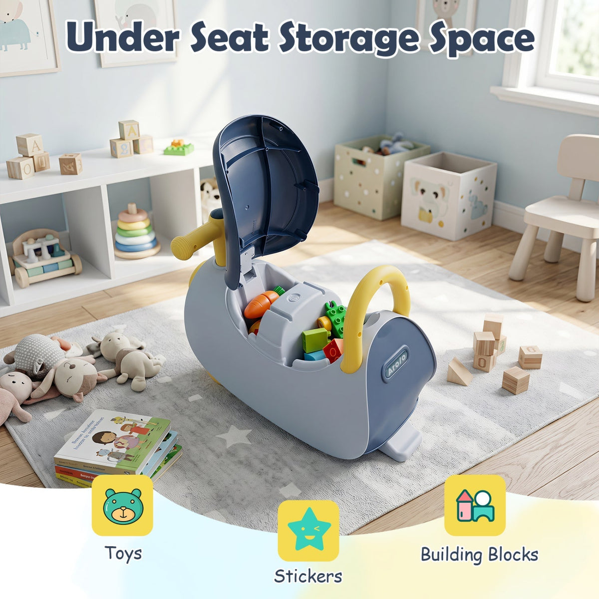 Blue kids push car with under-seat storage compartment open, yellow handle and rail