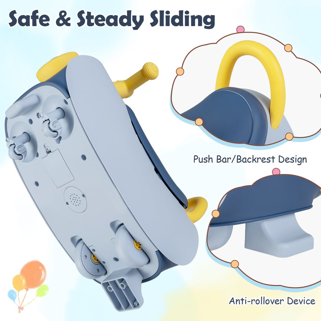 Blue kids push car with curved seat, yellow push bar, and anti-rollover design