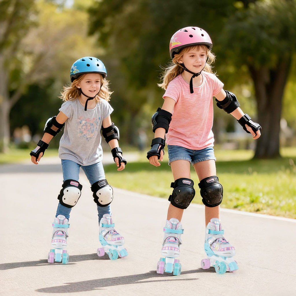 Kids quad roller skates set: light blue and pink pairs with glowing roller wheels