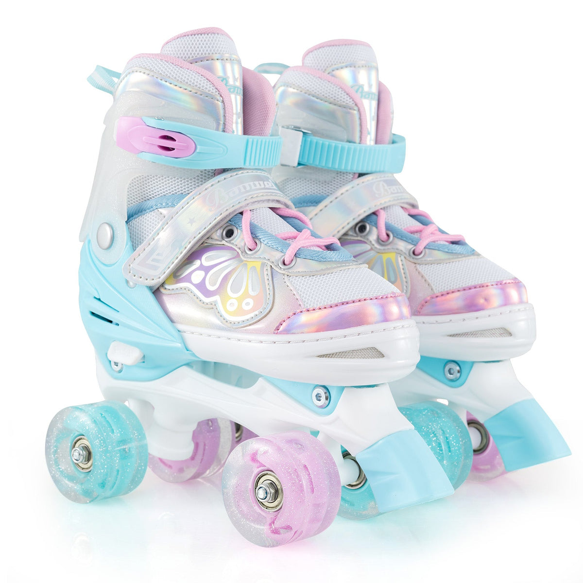 Kids quad roller skates with light-up wheels, white and light blue, pink laces