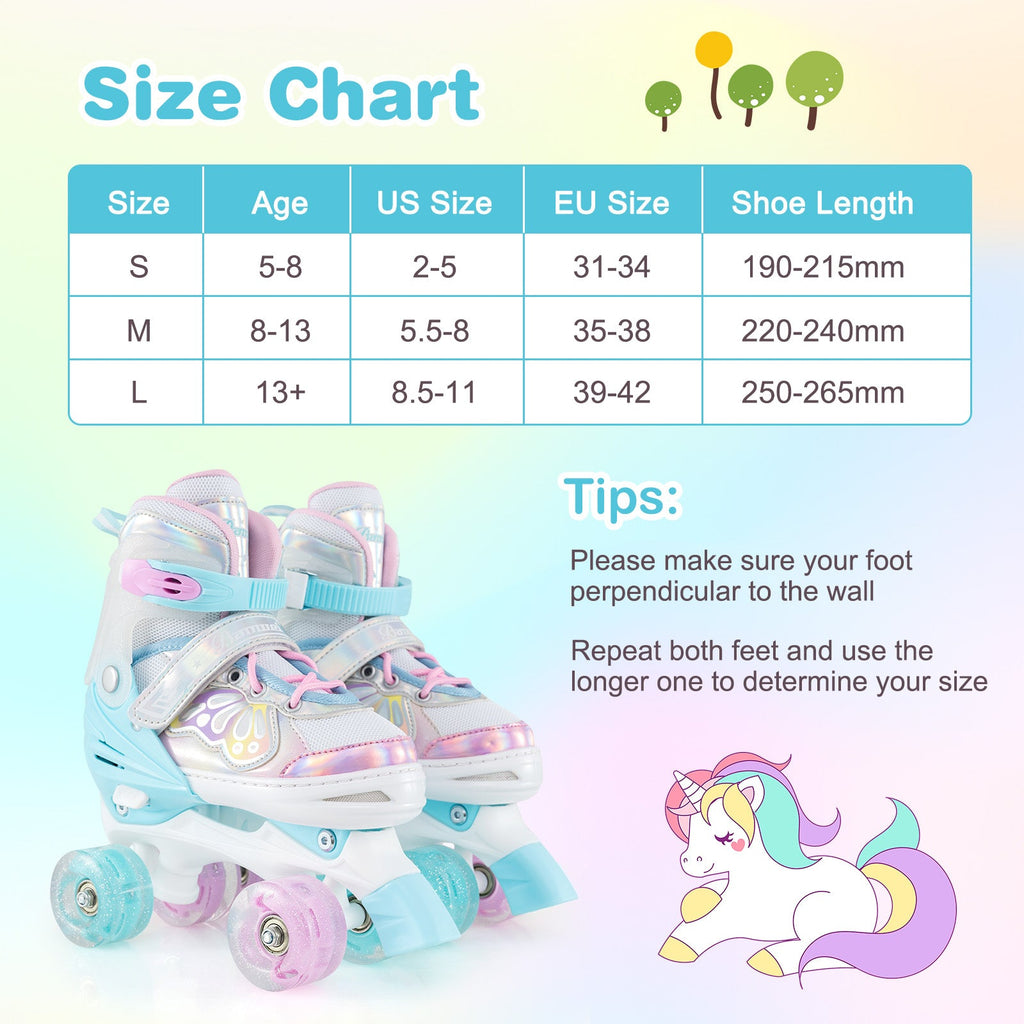 Kids quad roller skates with light-up wheels, white and light blue, adjustable straps
