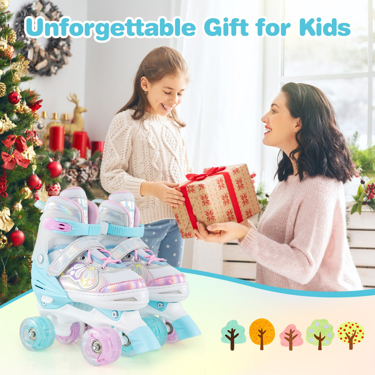 Kids adjustable quad roller skates with light-up wheels, light blue and white frame