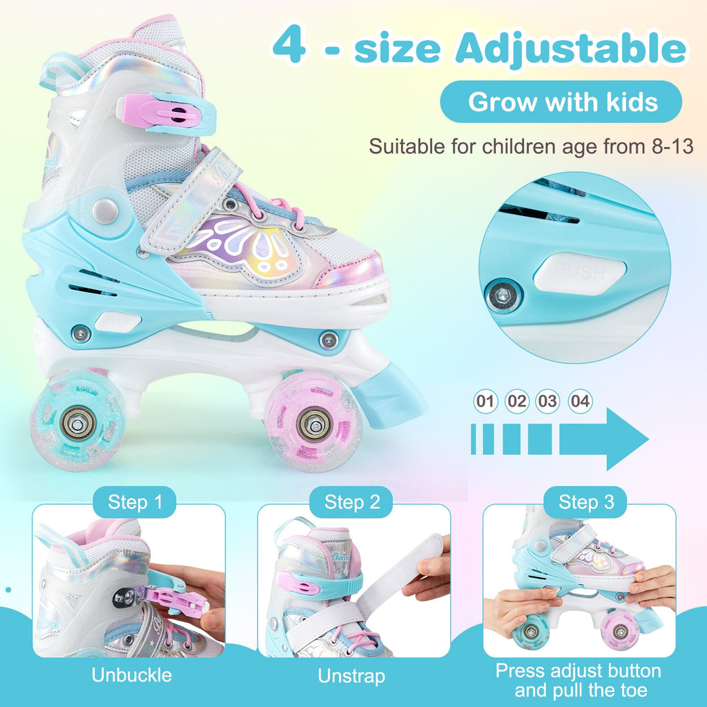Adjustable quad roller skates with light-up wheels, white and light blue boot